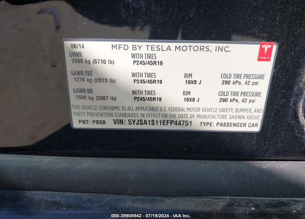 2014 TESLA MODEL S VIN: 5YJSA1S11EFP44751