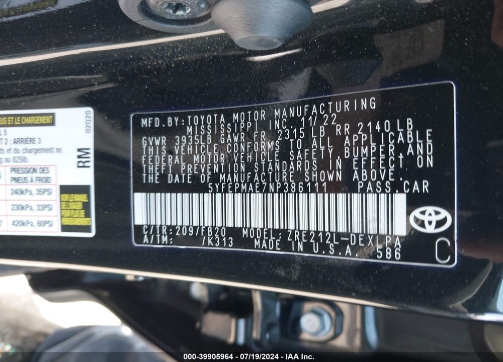 2022 TOYOTA COROLLA LE VIN: 5YFEPMAE7NP386111