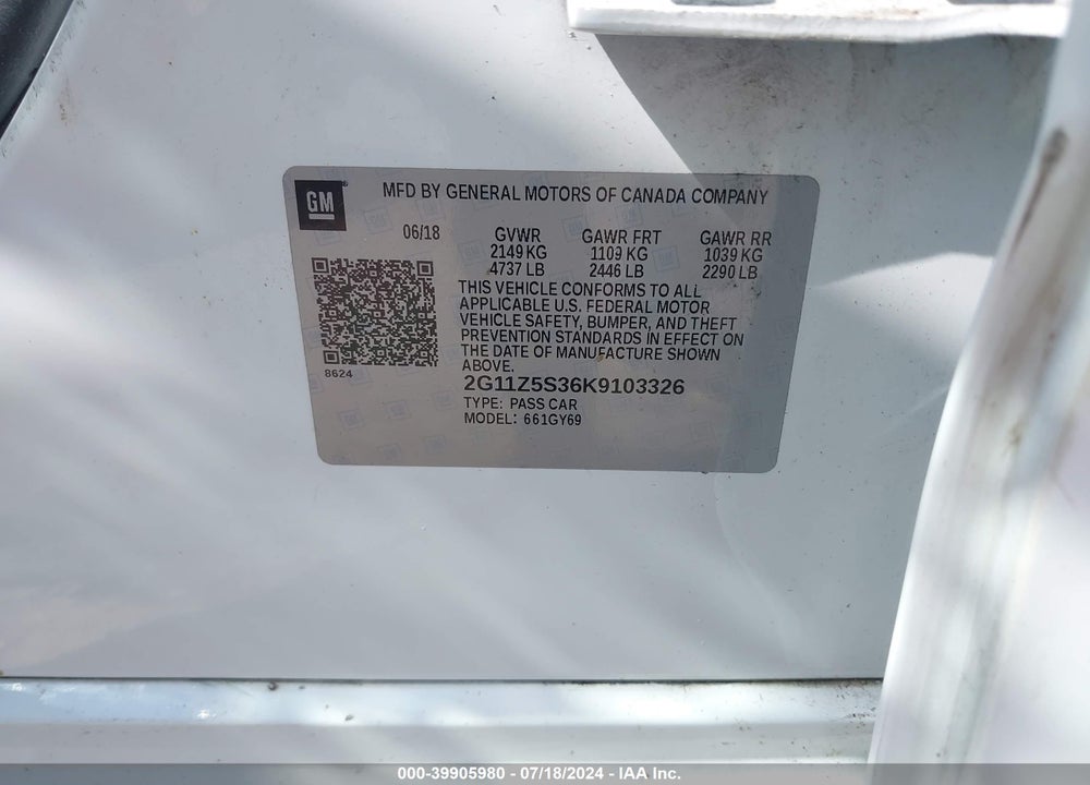 2019 CHEVROLET IMPALA LT VIN: 2G11Z5S36K9103326