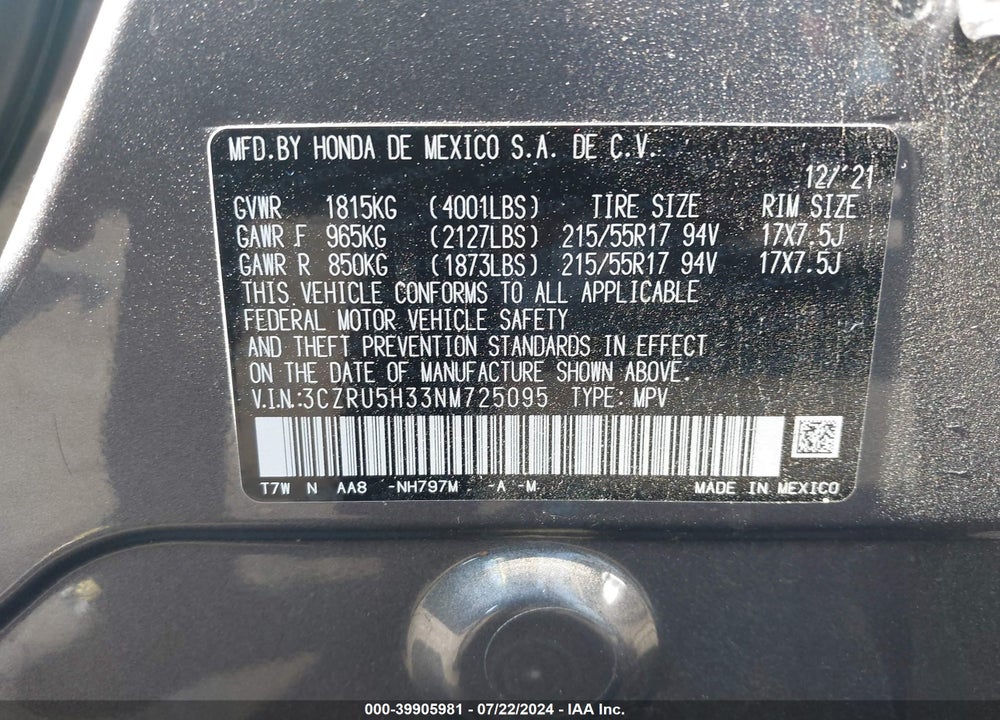 2022 HONDA HR-V VIN: 3CZRU5H33NM725095