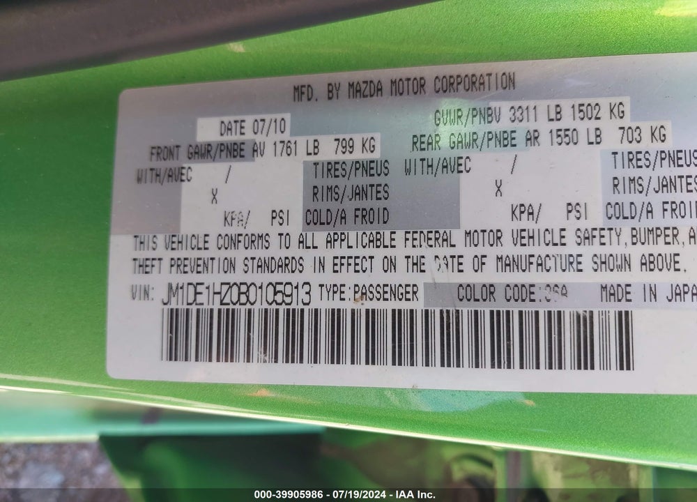 2011 MAZDA 2 VIN: JM1DE1HZ0B0105913