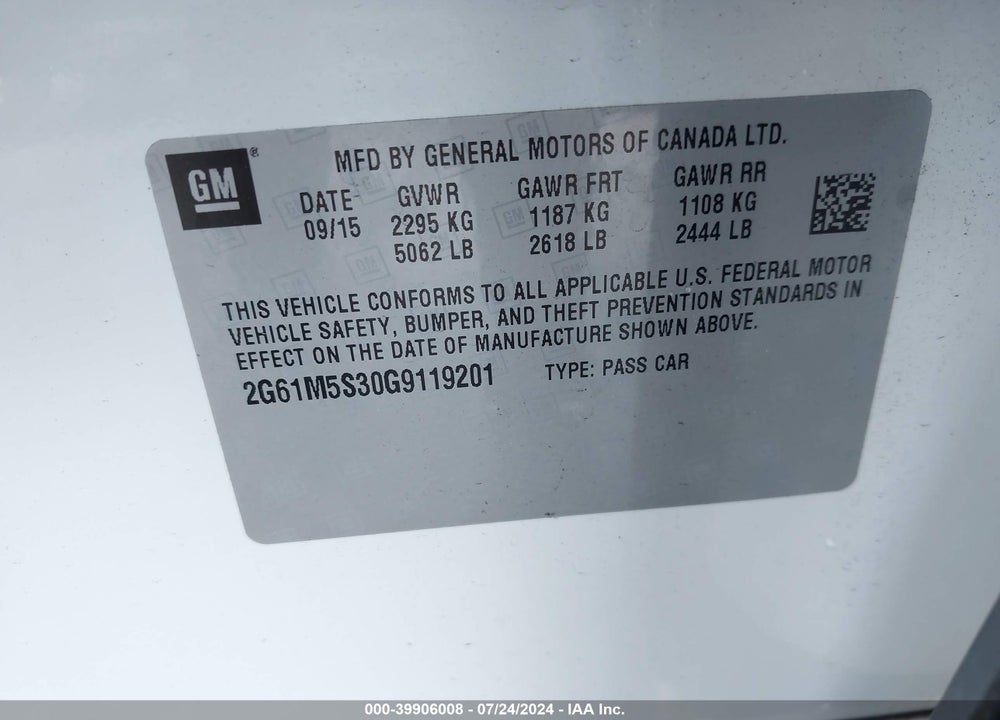 2016 CADILLAC XTS LUXURY COLLECTION VIN: 2G61M5S30G9119201