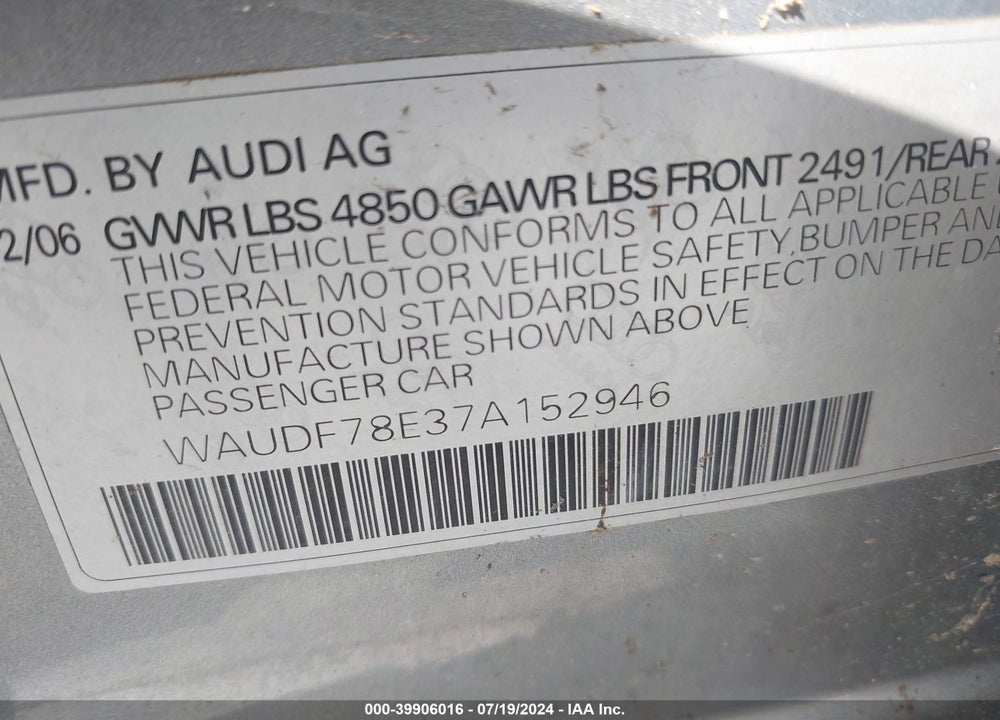 2007 AUDI A4 2.0T VIN: WAUDF78E37A152946