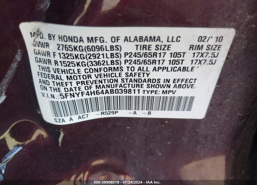 2010 HONDA PILOT EX-L VIN: 5FNYF4H64AB039811