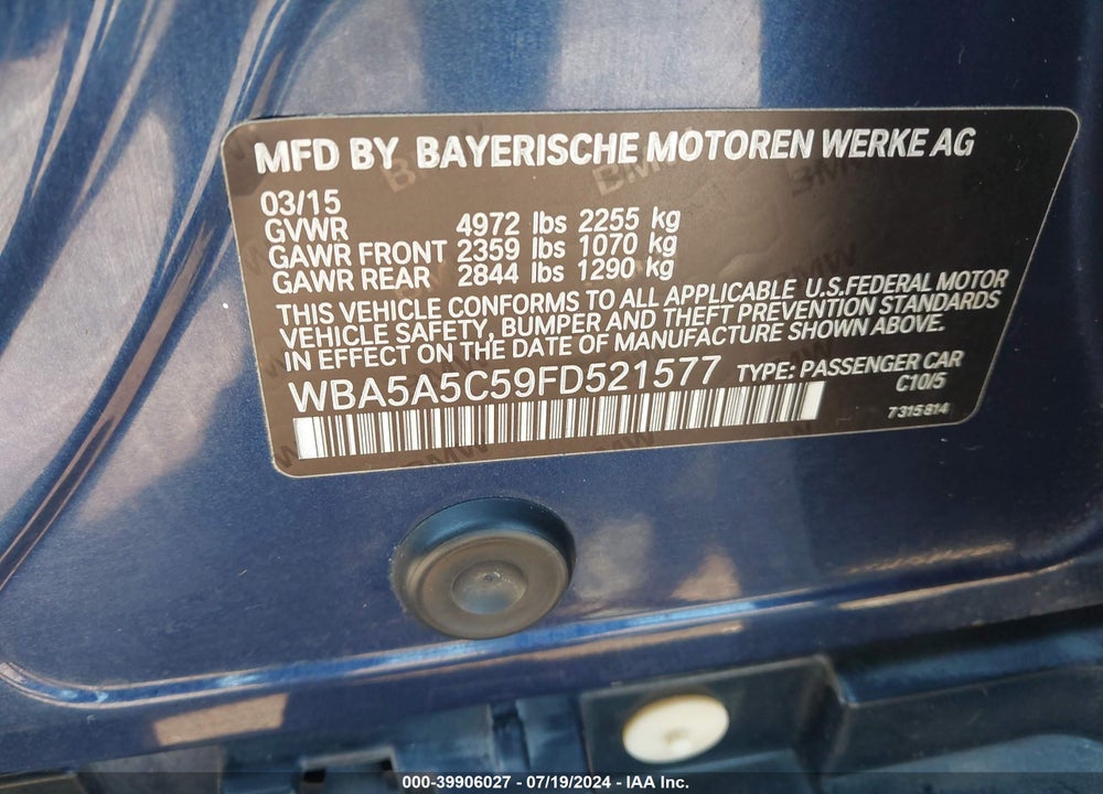 2015 BMW 528I VIN: WBA5A5C59FD521577