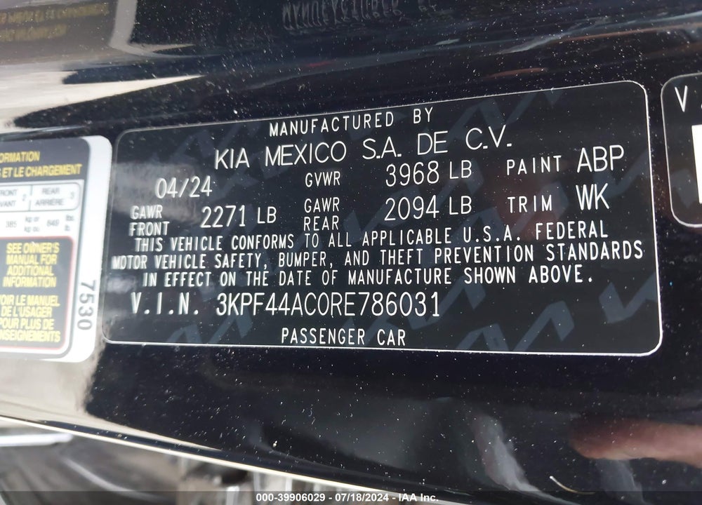 2024 KIA FORTE GT VIN: 3KPF44AC0RE786031