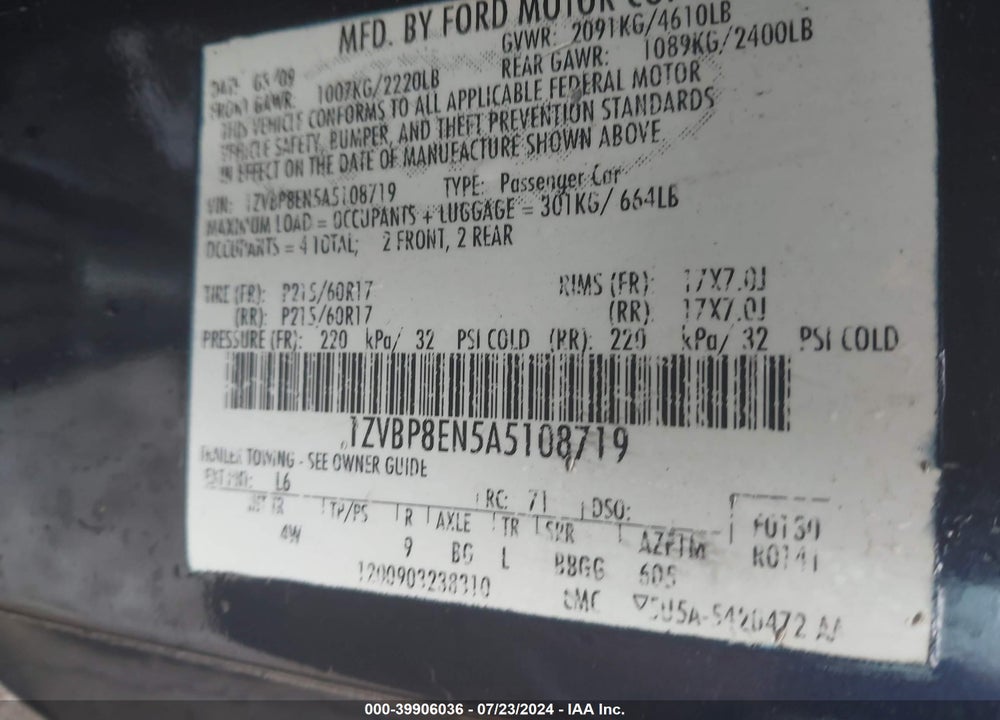 2010 FORD MUSTANG VIN: 1ZVBP8EN5A5108719