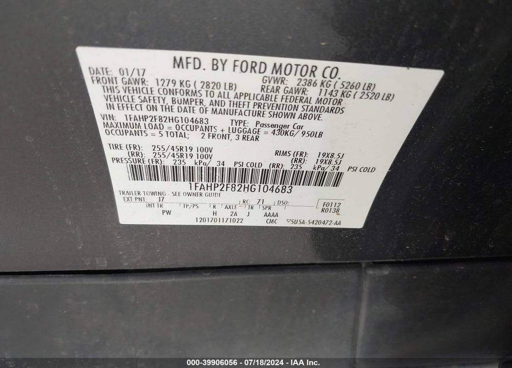 2017 FORD TAURUS LIMITED VIN: 1FAHP2F82HG104683