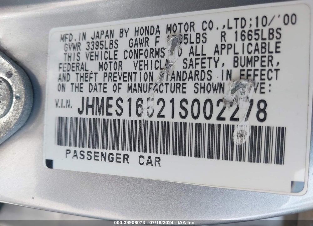 2001 HONDA CIVIC LX VIN: JHMES16521S002278