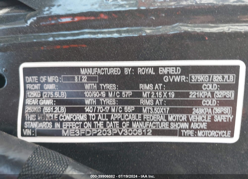 2023 ROYAL ENFIELD MOTORS METEOR 350 VIN: ME3FDP203PV300612
