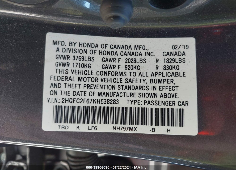 2019 HONDA CIVIC LX VIN: 2HGFC2F67KH538283