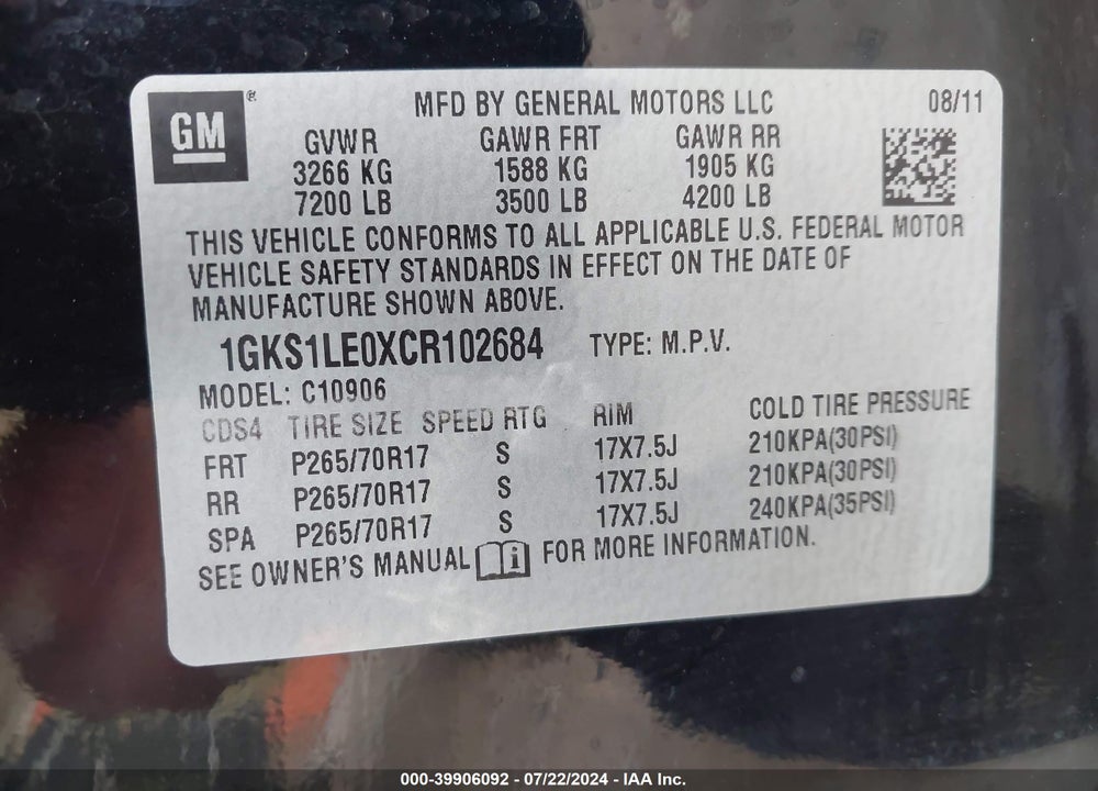 2012 GMC YUKON XL 1500 SLT VIN: 1GKS1LE0XCR102684