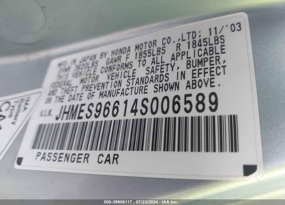 2004 HONDA CIVIC HYBRID VIN: JHMES96614S006589