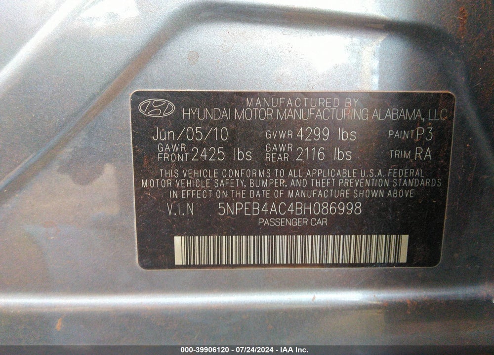 2011 HYUNDAI SONATA GLS VIN: 5NPEB4AC4BH086998