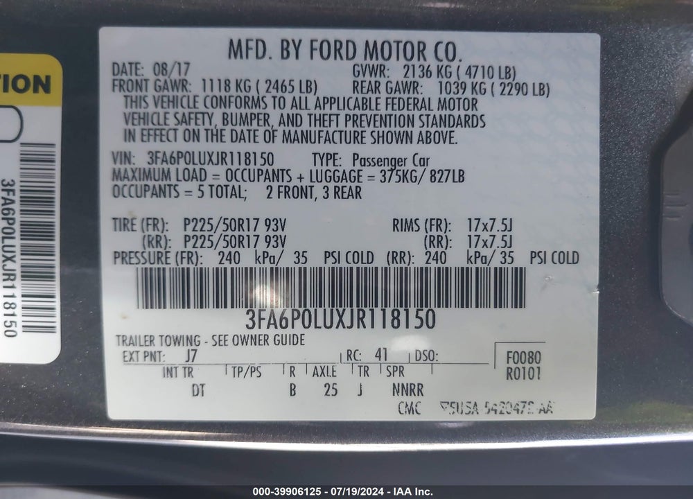 2018 FORD FUSION HYBRID SE VIN: 3FA6P0LUXJR118150