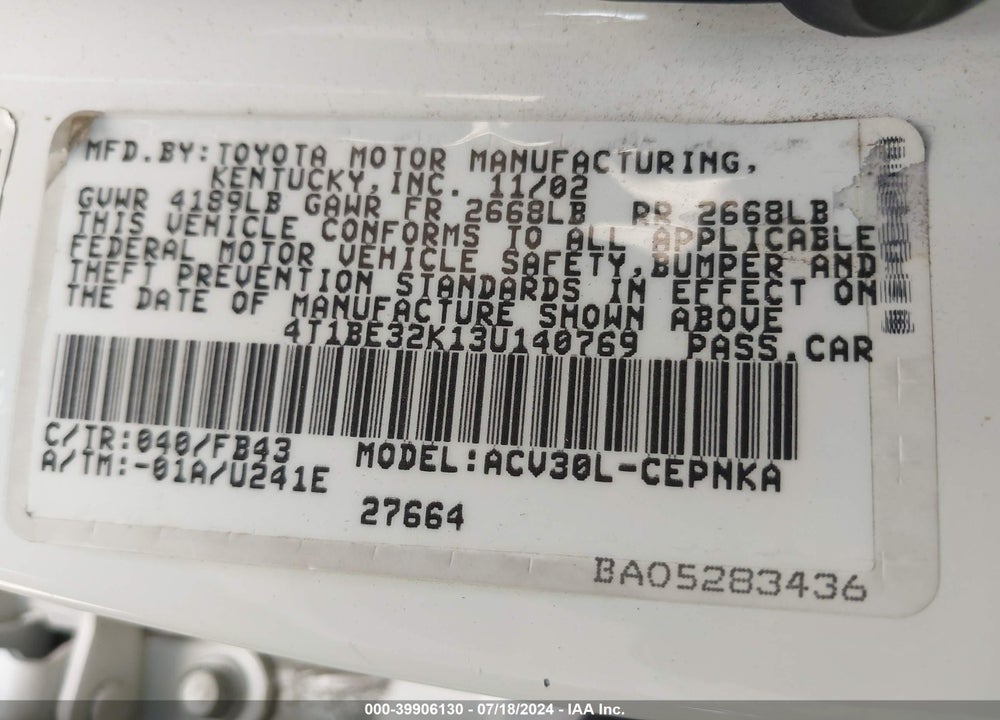 2003 TOYOTA CAMRY LE VIN: 4T1BE32K13U140769