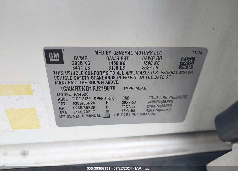 2015 GMC ACADIA DENALI VIN: 1GKKRTKD1FJ219878