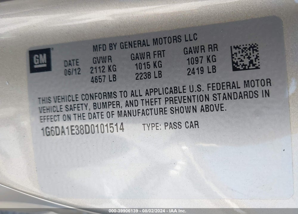 2013 CADILLAC CTS STANDARD VIN: 1G6DA1E38D0101514