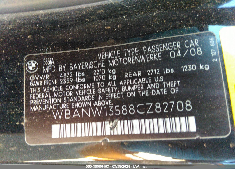 2008 BMW 535I VIN: WBANW13588CZ82708