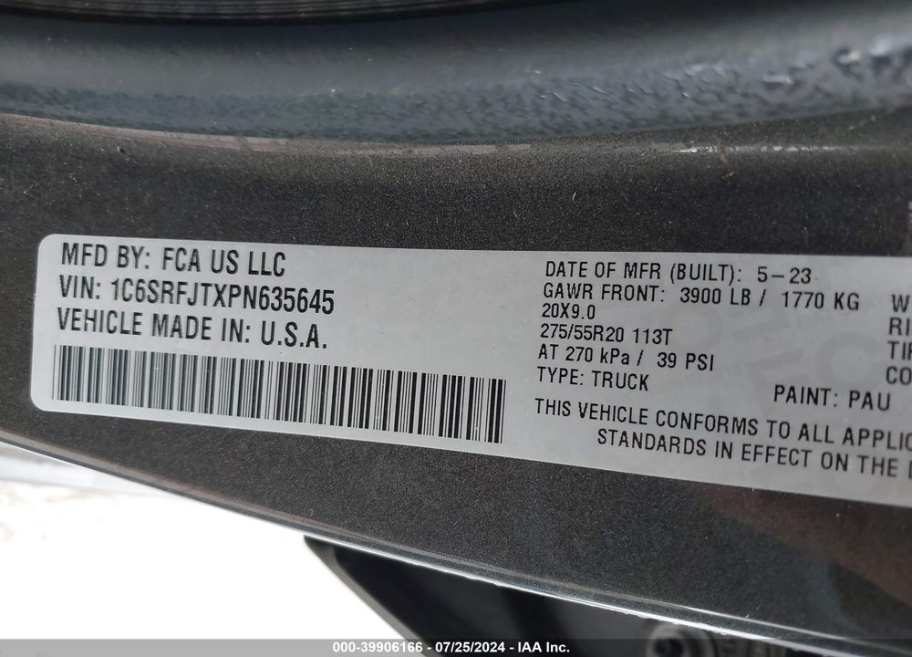 2023 RAM 1500 LAIE  4X4 5'7 BOX VIN: 1C6SRFJTXPN635645