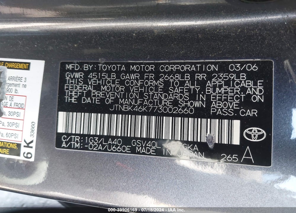 2007 TOYOTA CAMRY XLE V6 VIN: JTNBK46K773002660