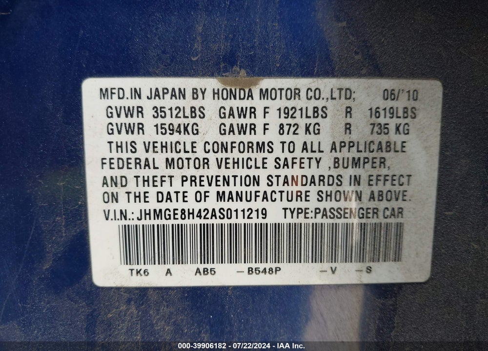 2010 HONDA FIT SPORT VIN: JHMGE8H42AS011219