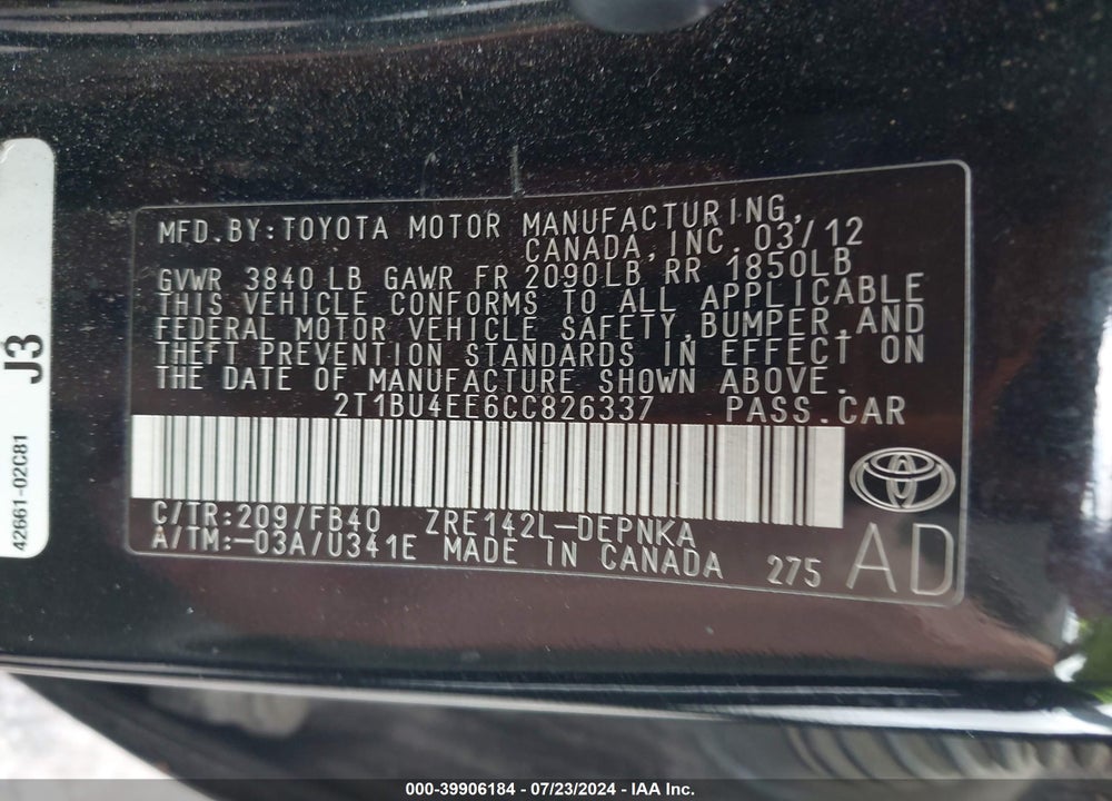 2012 TOYOTA COROLLA LE VIN: 2T1BU4EE6CC826337
