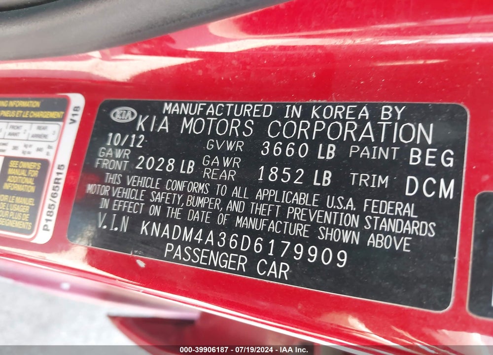 2013 KIA RIO LX VIN: KNADM4A36D6179909
