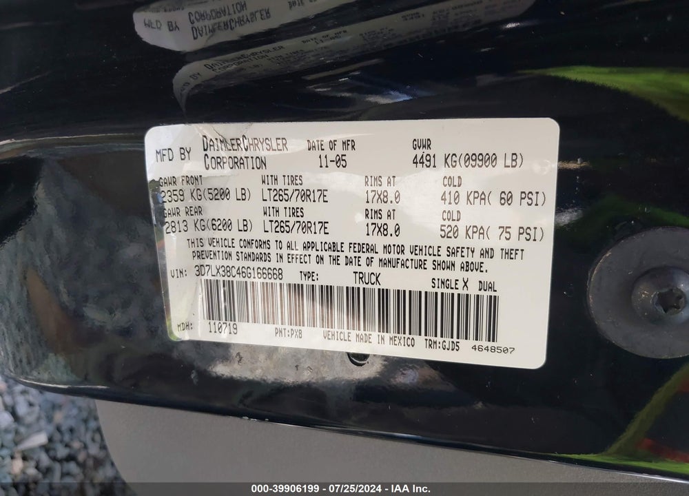 2006 DODGE RAM 3500 LARAMIE VIN: 3D7LX38C46G166668