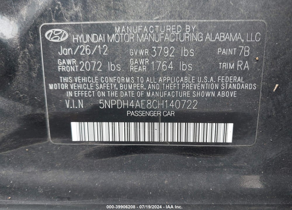 2012 HYUNDAI ELANTRA GLS VIN: 5NPDH4AE8CH140722