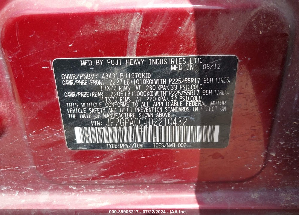 2013 SUBARU XV CROSSTREK 2.0I PREMIUM VIN: JF2GPACC1D2210432