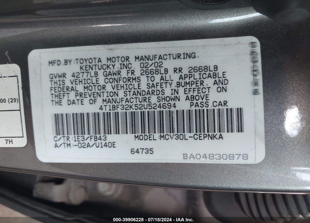 2002 TOYOTA CAMRY LE V6 VIN: 4T1BF32K52U524694