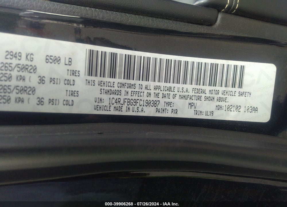 2015 JEEP GRAND CHEROKEE LIMITED VIN: 1C4RJFBG9FC190387