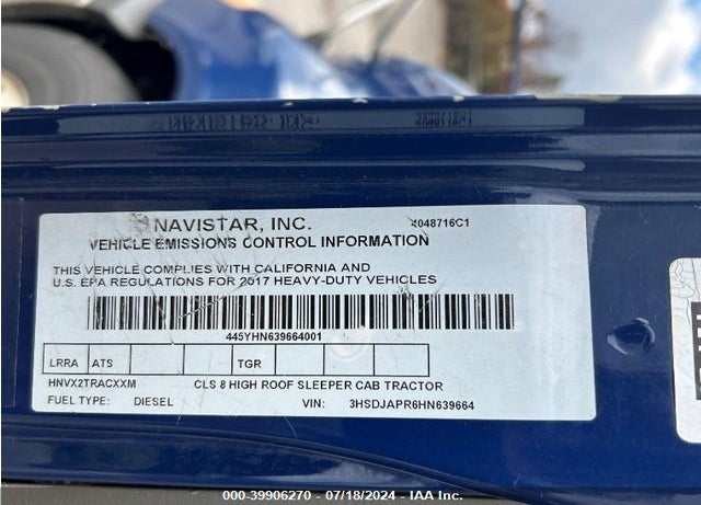 2017 INTERNATIONAL PROSTAR VIN: 3HSDJAPR6HN639664