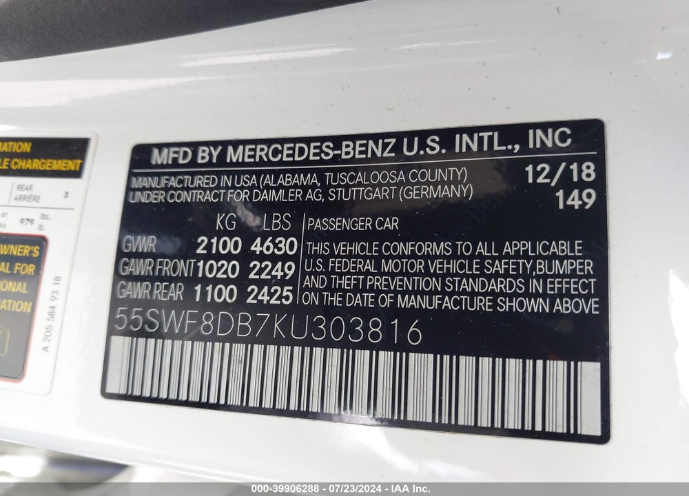 2019 MERCEDES-BENZ C 300 VIN: 55SWF8DB7KU303816