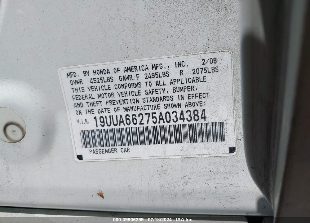 2005 ACURA TL VIN: 19UUA66275A034384