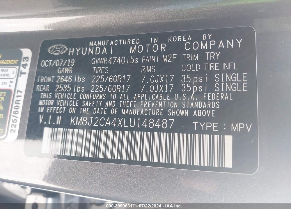 2020 HYUNDAI TUCSON SE VIN: KM8J2CA4XLU148487