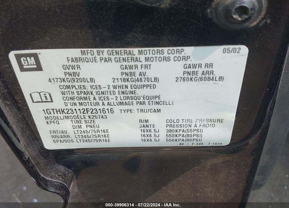 2002 GMC SIERRA 2500HD SL/SLE/STANDARD VIN: 1GTHK23112F231616