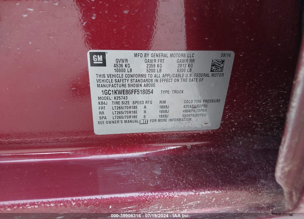 2015 CHEVROLET SILVERADO 2500HD LTZ VIN: 1GC1KWE86FF518054