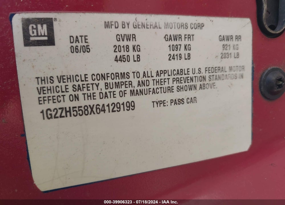 2007 PONTIAC G6 GT VIN: 1G2ZH58N174101391