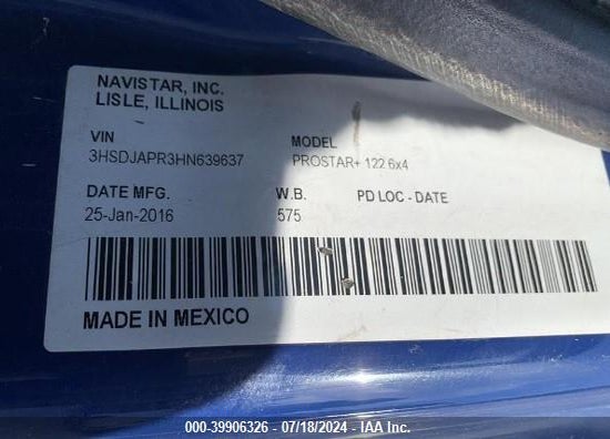 2017 INTERNATIONAL PROSTAR VIN: 3HSDJAPR3HN639637