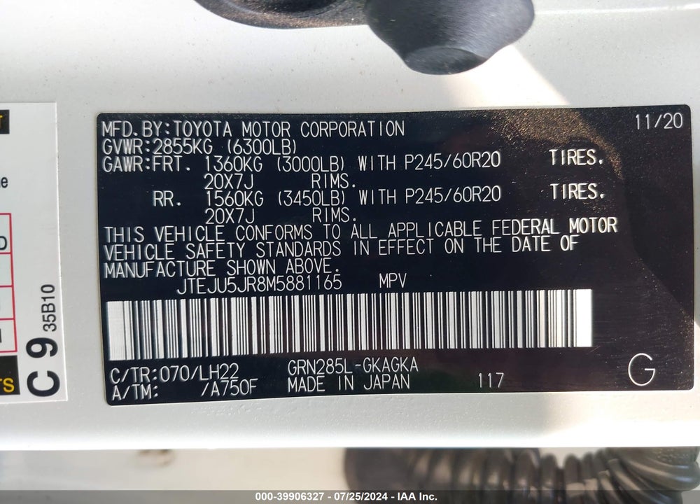 2021 TOYOTA 4RUNNER NIGHTSHADE SPECIAL EDITION VIN: JTEJU5JR8M5881165
