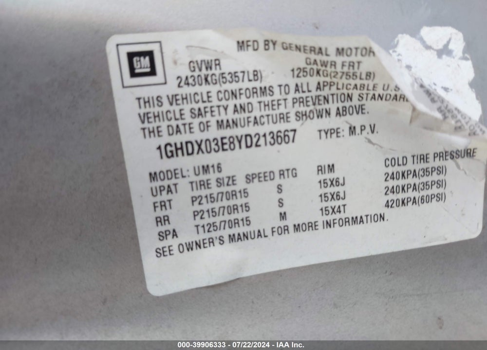 2000 OLDSMOBILE SILHOUETTE GL VIN: 1GHDX03E8YD213667