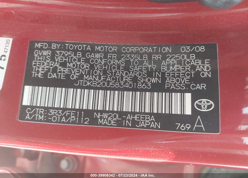 2008 TOYOTA PRIUS VIN: JTDKB20U583401863
