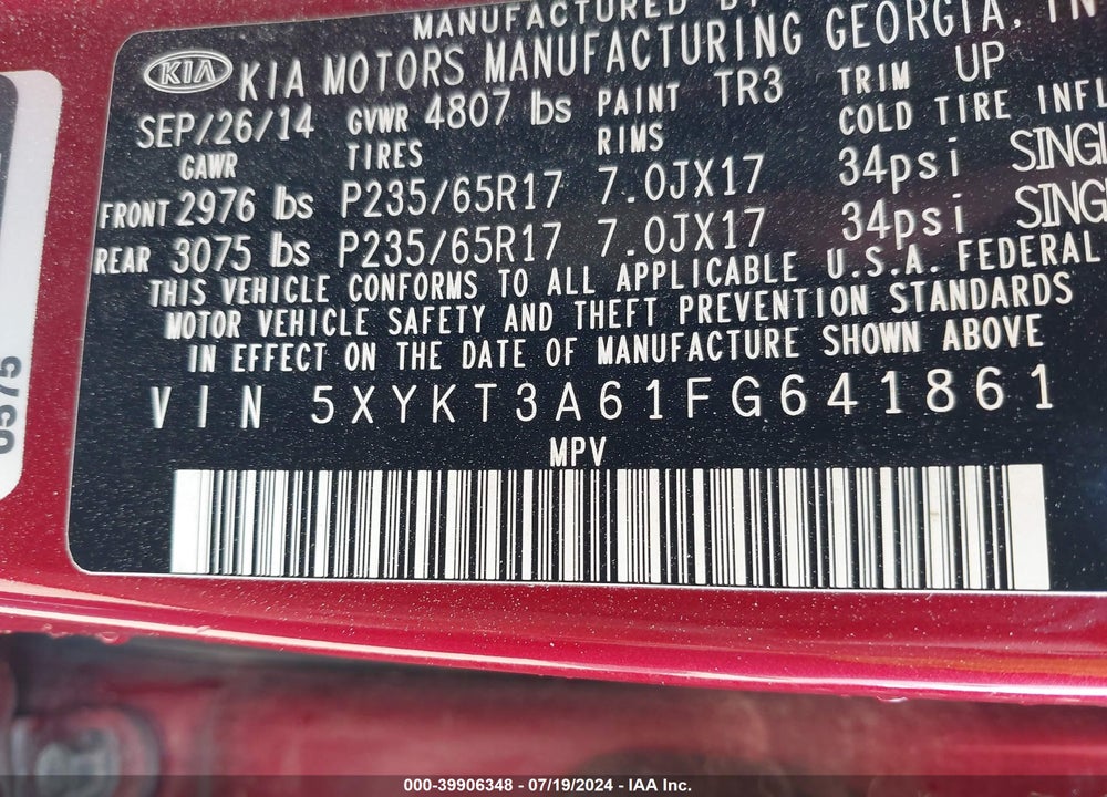 2015 KIA SORENTO LX VIN: 5XYKT3A61FG641861