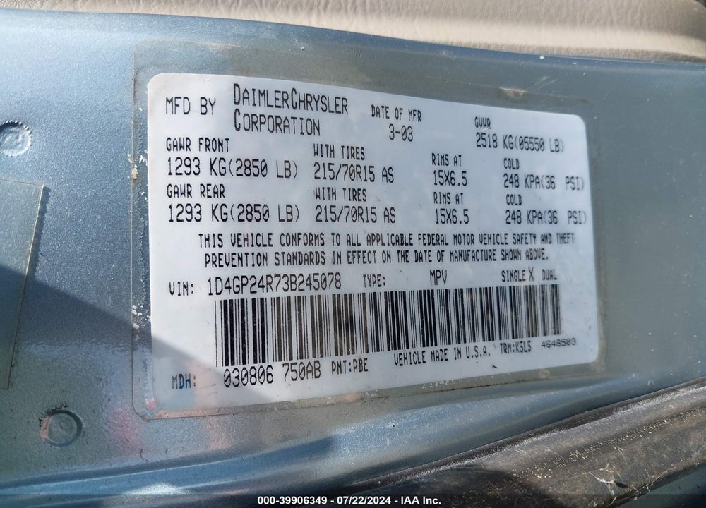 2003 DODGE GRAND CARAVAN SE VIN: 1D4GP24R73B245078
