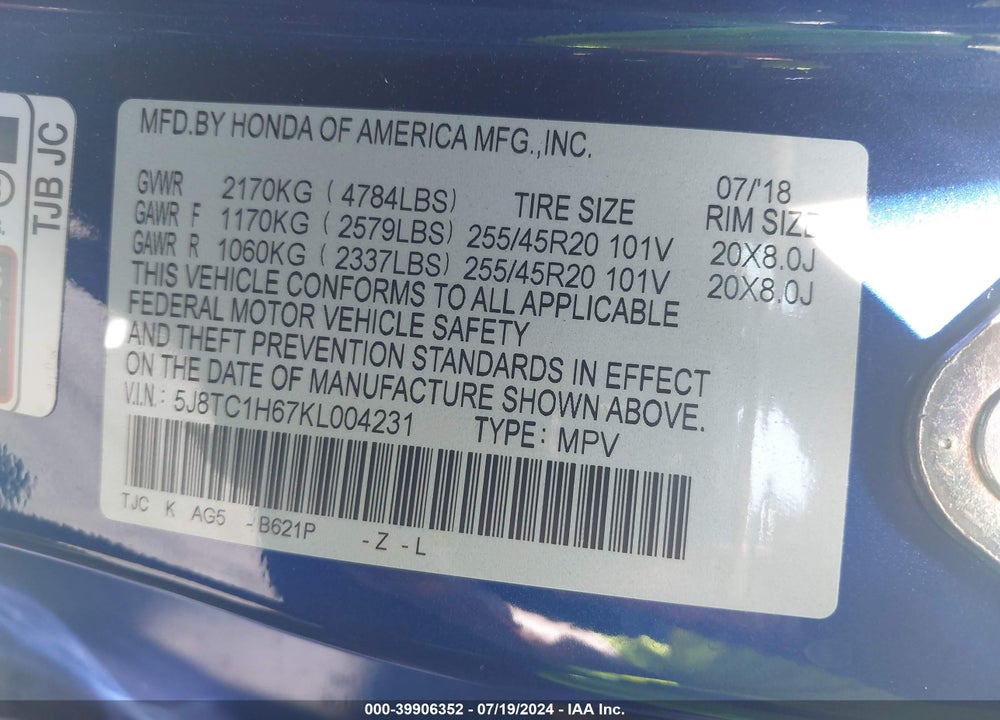 2019 ACURA RDX A-SPEC PACKAGE VIN: 5J8TC1H67KL004231