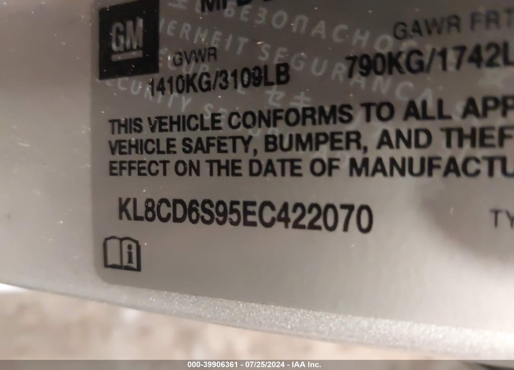 2014 CHEVROLET SPARK 1LT AUTO VIN: KL8CD6S95EC422070