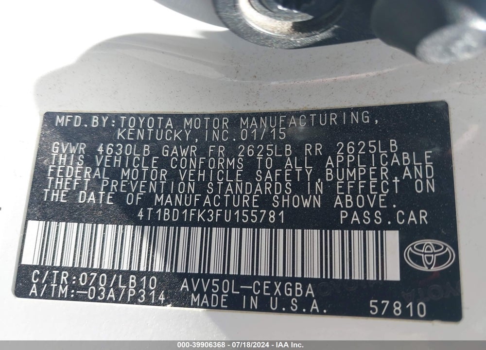 2015 TOYOTA CAMRY HYBRID XLE VIN: 4T1BD1FK3FU155781