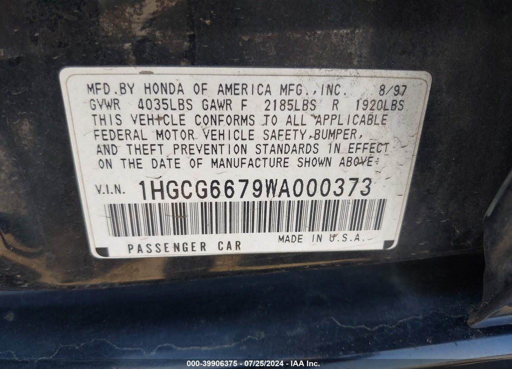 1998 HONDA ACCORD EX VIN: 1HGCG6679WA000373